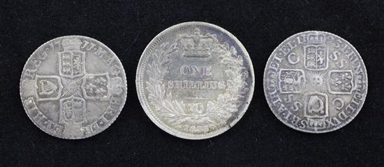 Two sixpences, 1711 & 1723 and a 1835 shilling,